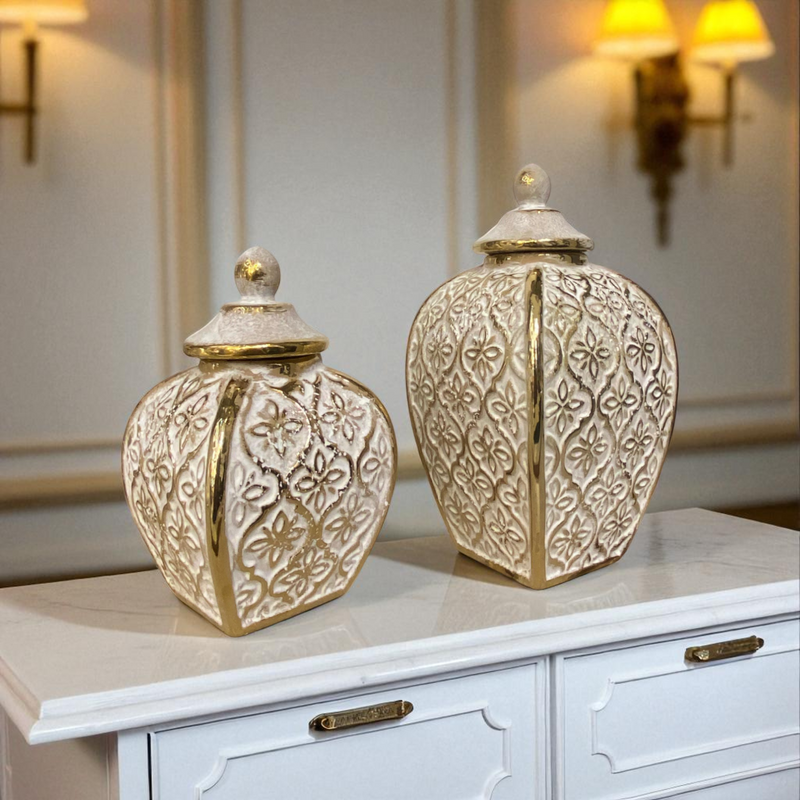 Regal White-Gold Diamond Patterned Ceramic Jars