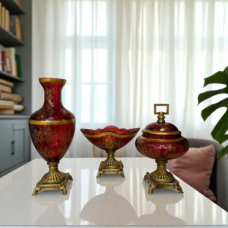 Red Decorative Vase & Bowl Set with Brass Base
