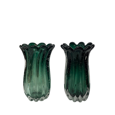 Emerald Murano-Style Ribbed Glass Vases