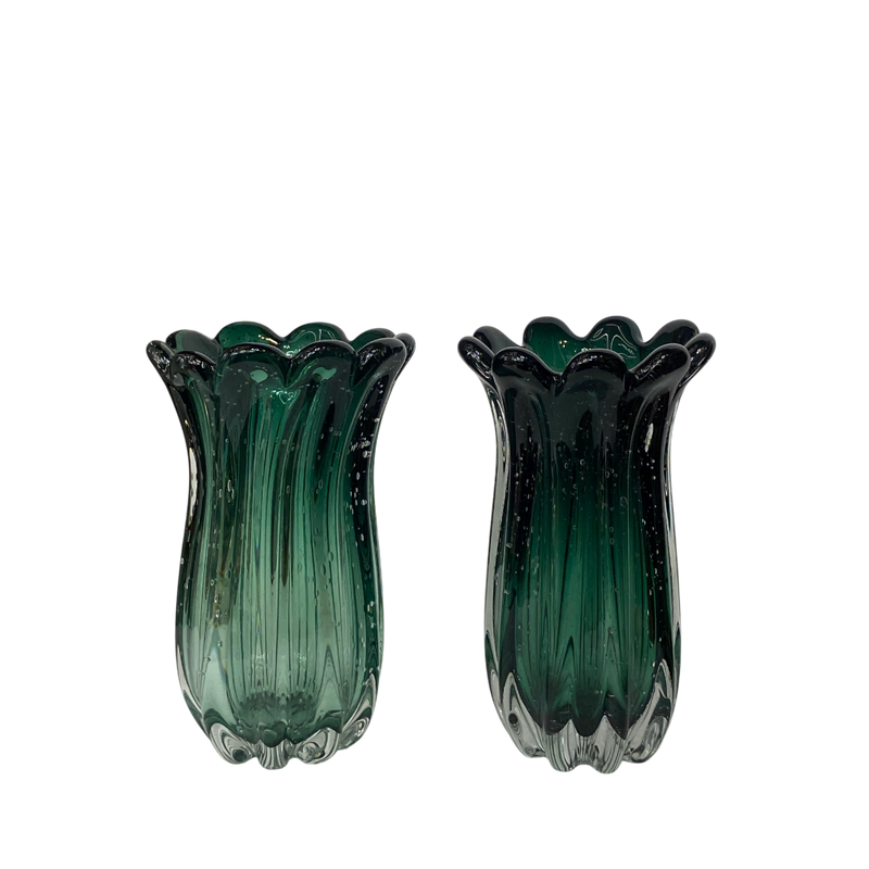 Emerald Murano-Style Ribbed Glass Vases