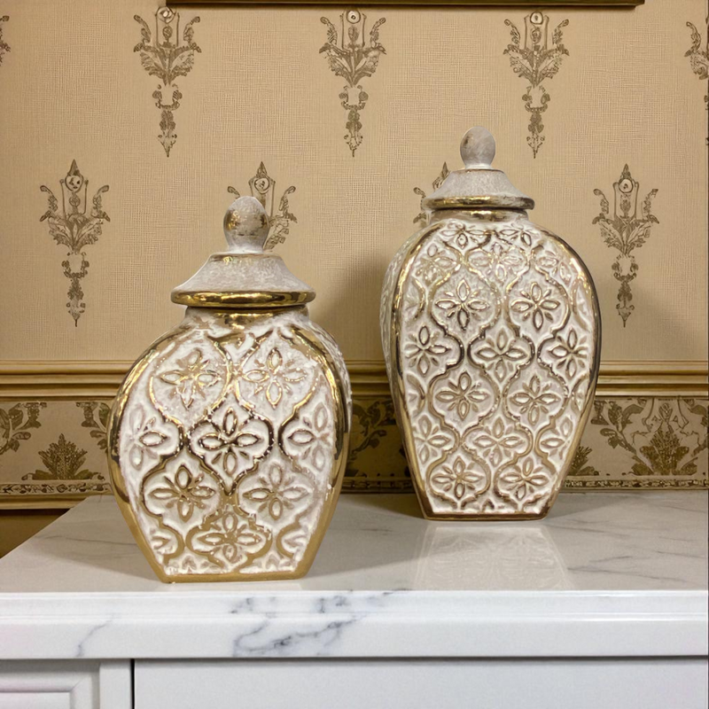 Regal White-Gold Diamond Patterned Ceramic Jars