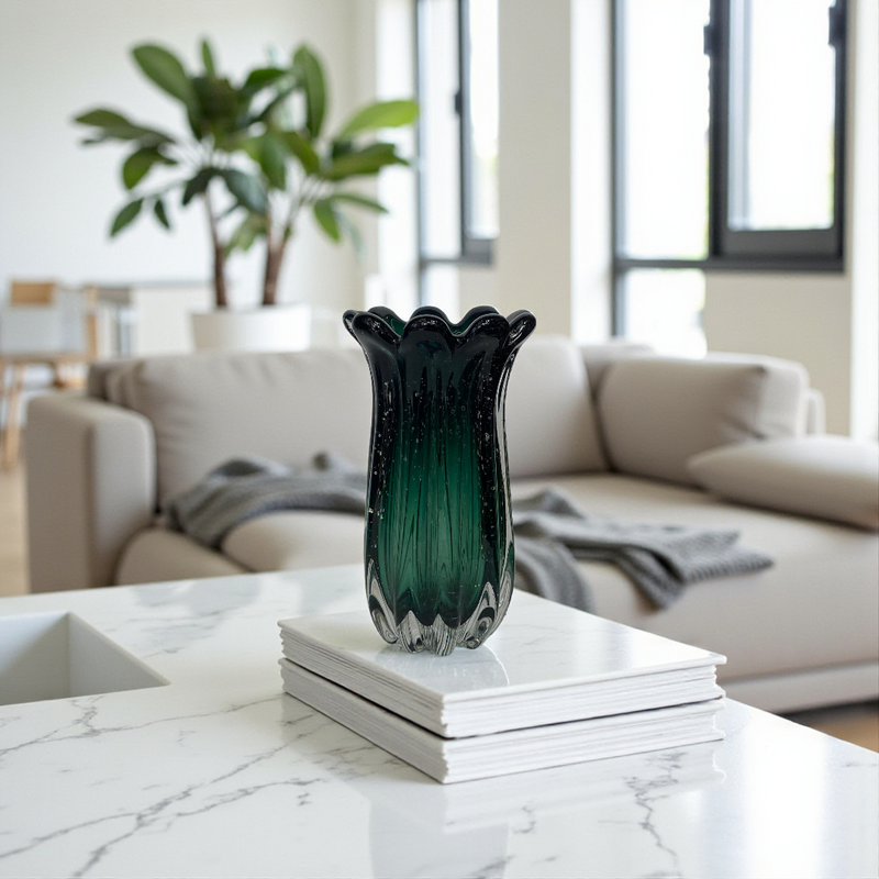 Emerald Murano-Style Ribbed Glass Vases