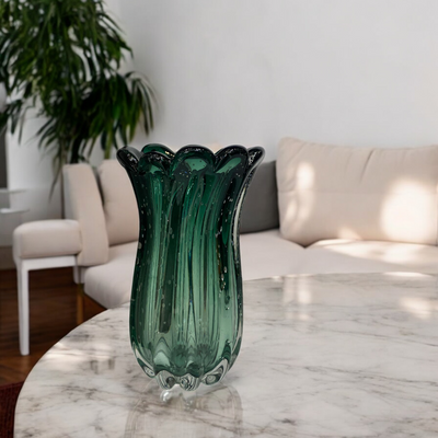 Emerald Murano-Style Ribbed Glass Vases