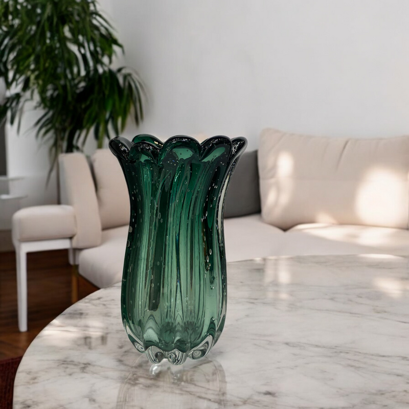 Emerald Murano-Style Ribbed Glass Vases
