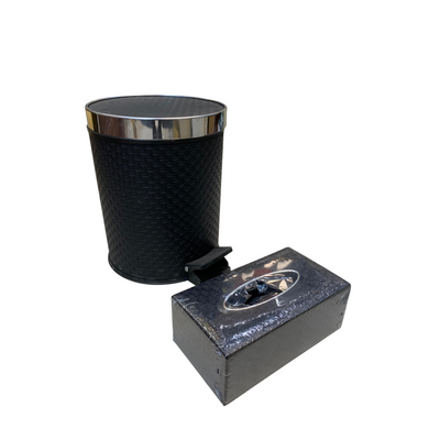 Luxury Black Leather Dustbin & Tissue Box Set with Chrome Finish