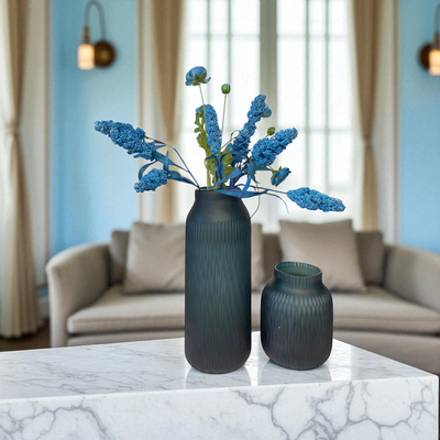 Matte Teal Glass Vase Duo with Blue Dried Florals