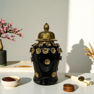 Midnight Bloom Black-Gold Floral Porcelain Urns
