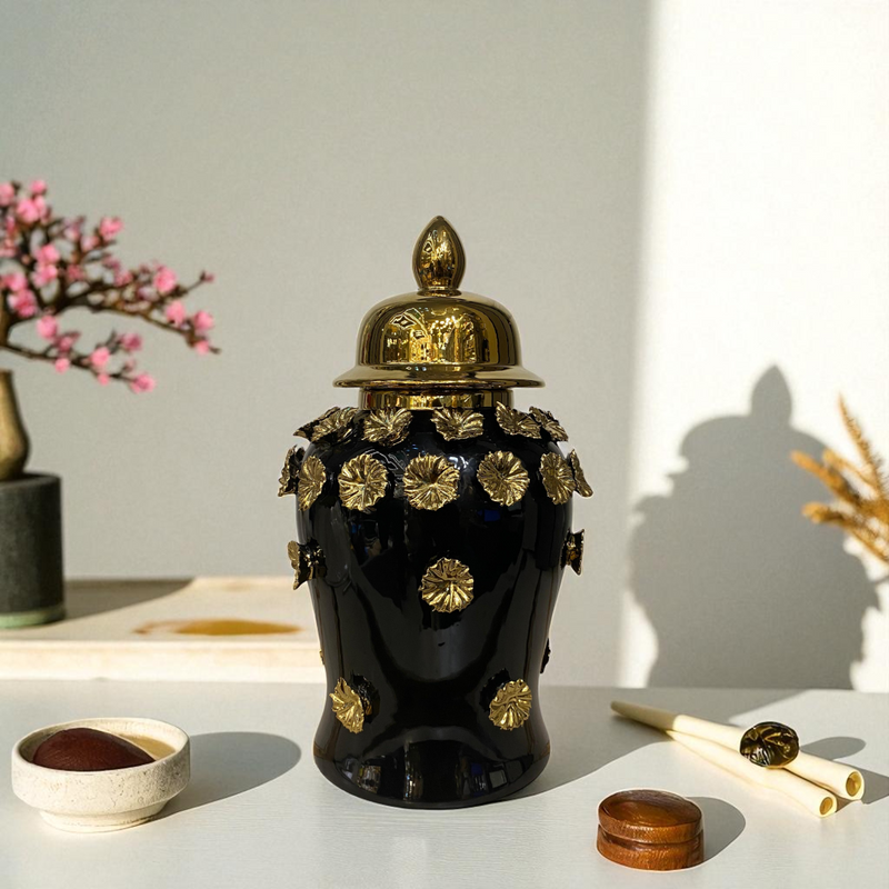 Midnight Bloom Black-Gold Floral Porcelain Urns