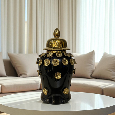 Midnight Bloom Black-Gold Floral Porcelain Urns