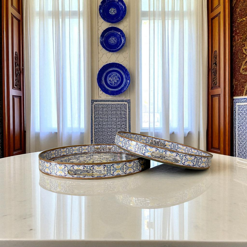 Round Blue Cultural Mosaic Trays