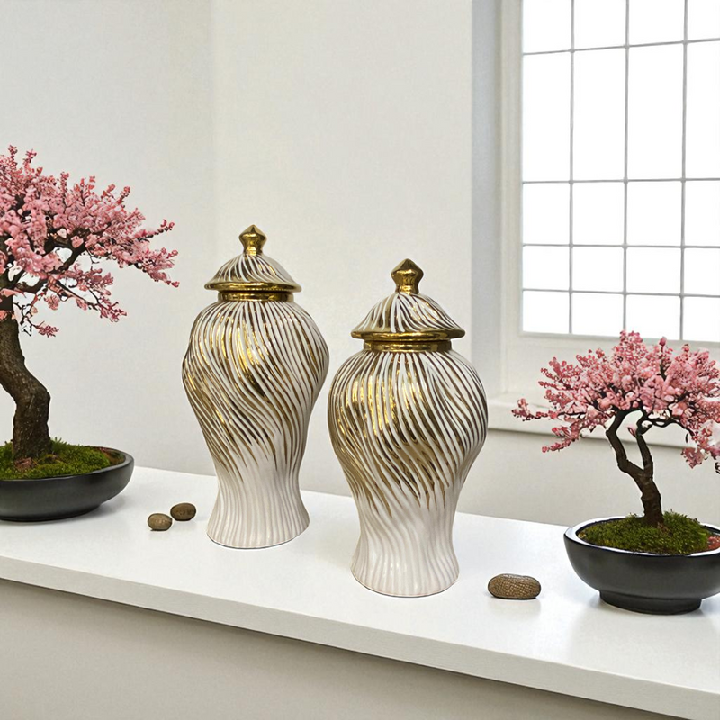 Luxury Ceramic Candy Jar White And Golden Wavse