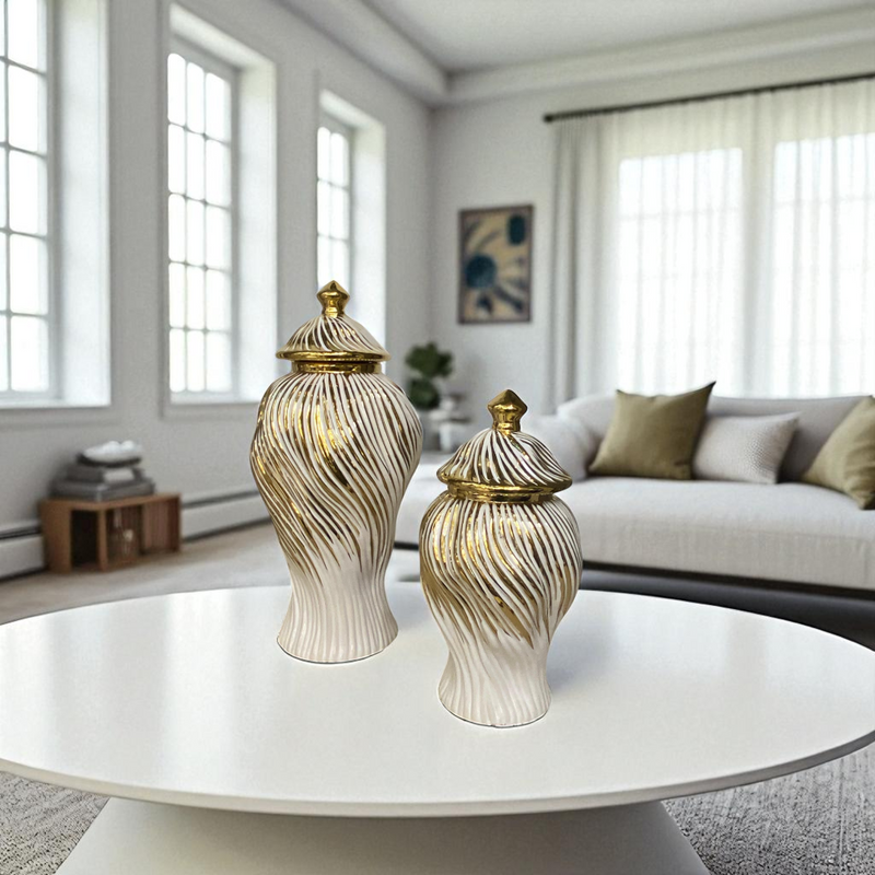 Luxury Ceramic Candy Jar White And Golden Wavse