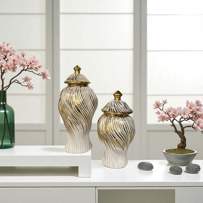 Luxury Ceramic Candy Jar White And Golden Wavse