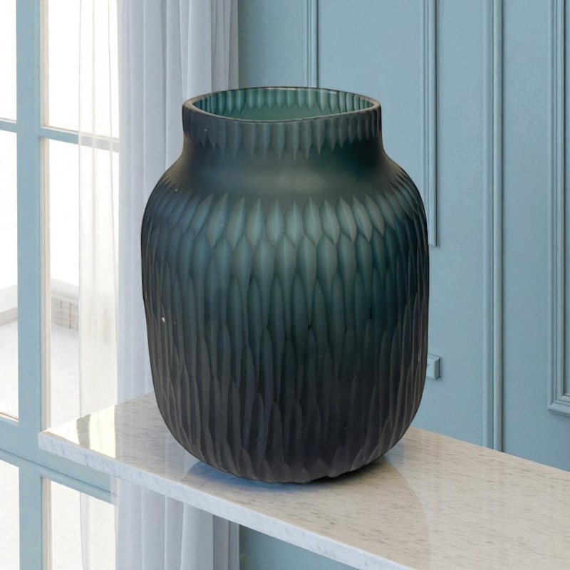 Matte Teal Glass Vase Duo with Blue Dried Florals