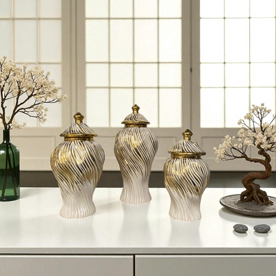 Luxury Ceramic Candy Jar White And Golden Wavse