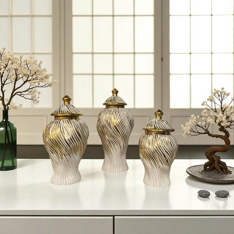 Luxury Ceramic Candy Jar White And Golden Wavse