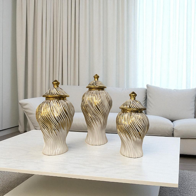 Luxury Ceramic Candy Jar White And Golden Wavse
