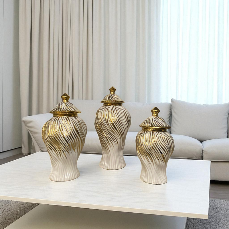 Luxury Ceramic Candy Jar White And Golden Wavse