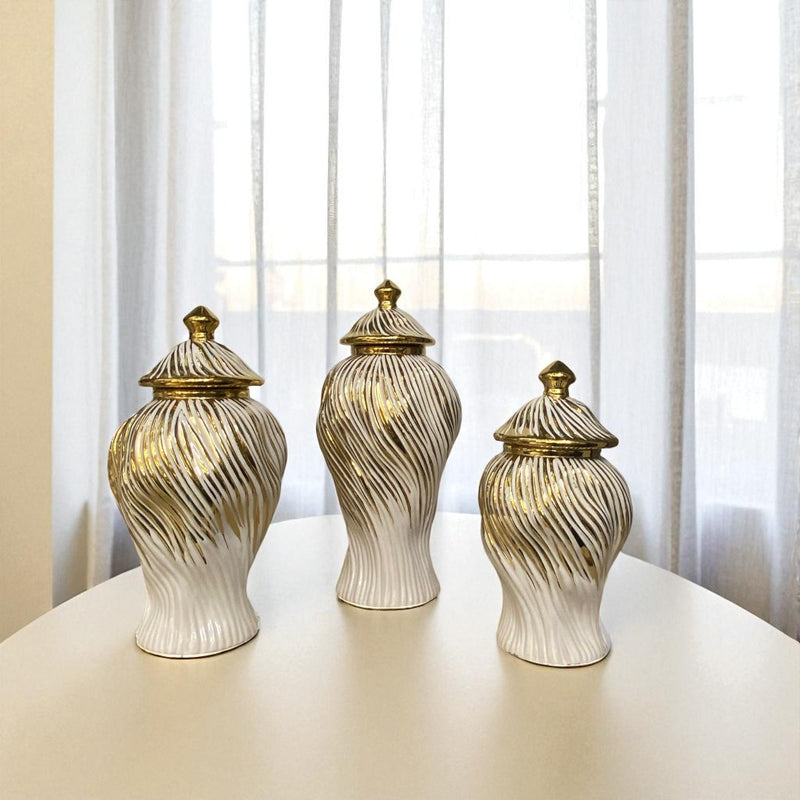 Luxury Ceramic Candy Jar White And Golden Wavse