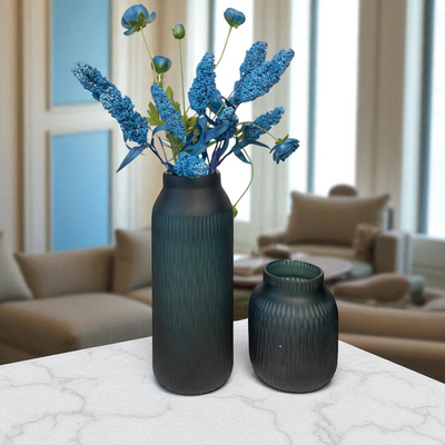 Matte Teal Glass Vase Duo with Blue Dried Florals