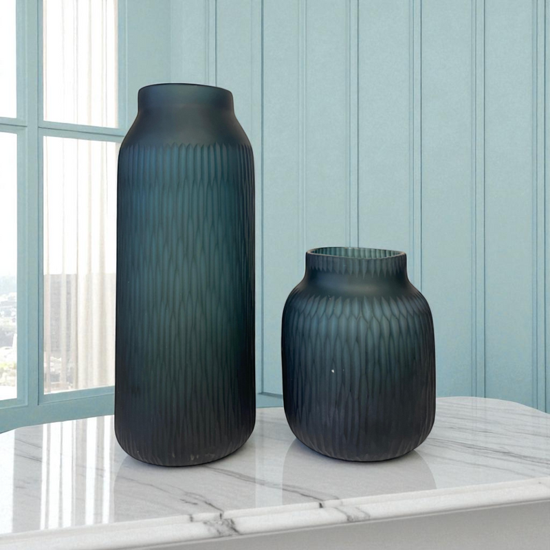 Matte Teal Glass Vase Duo with Blue Dried Florals