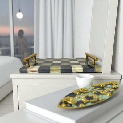 Checkered Marble Accent Tray with Brass Handles