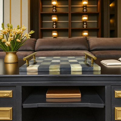 Checkered Marble Accent Tray with Brass Handles