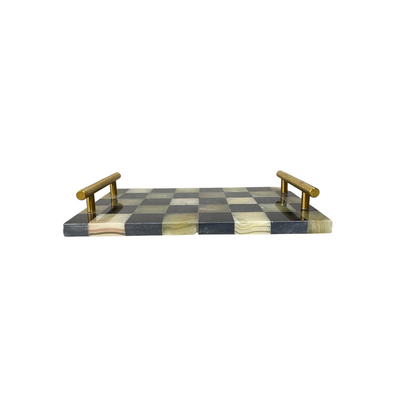 Checkered Marble Accent Tray with Brass Handles