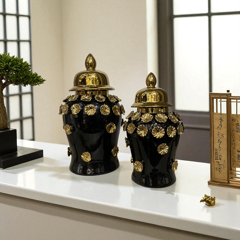 Midnight Bloom Black-Gold Floral Porcelain Urns