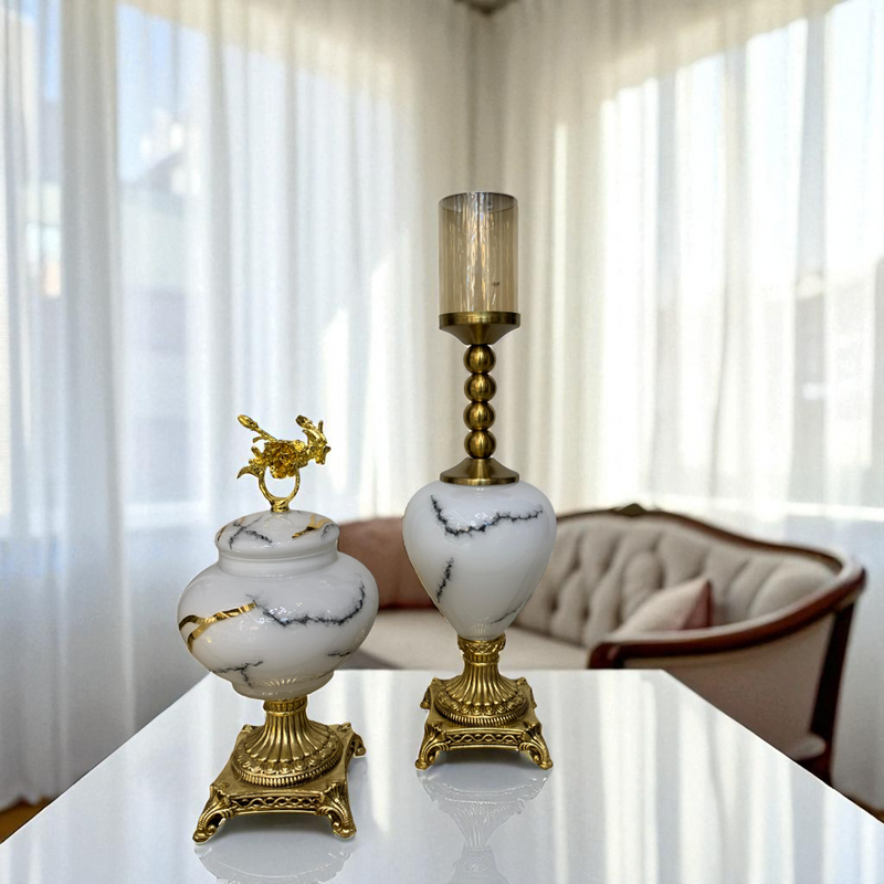 White Marble-Style Candle Holder Set with Brass Base
