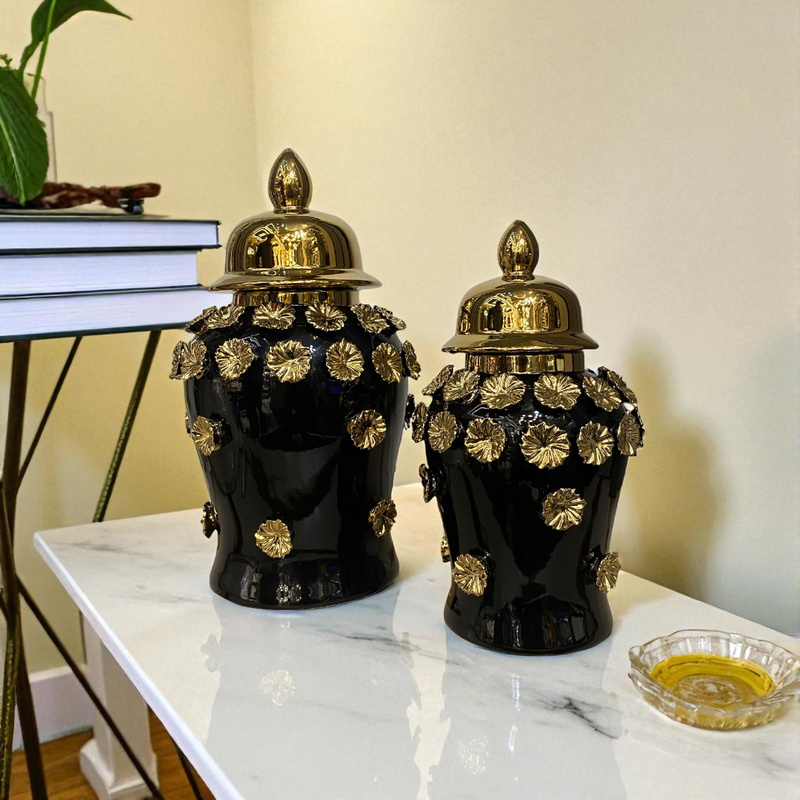 Midnight Bloom Black-Gold Floral Porcelain Urns