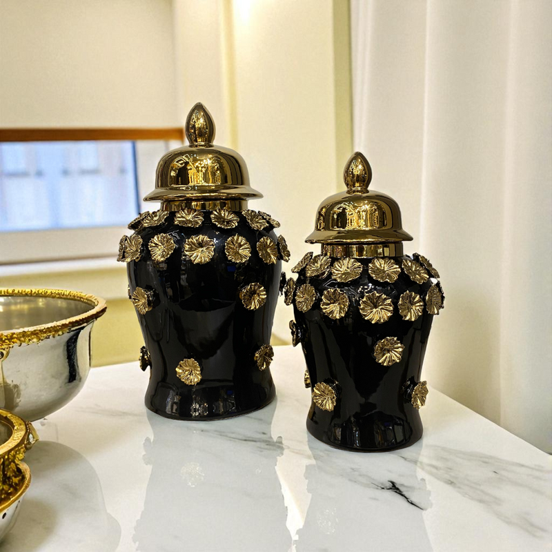 Midnight Bloom Black-Gold Floral Porcelain Urns