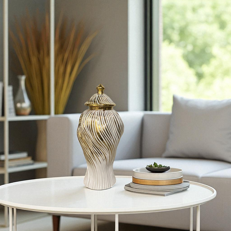 Luxury Ceramic Candy Jar White And Golden Wavse