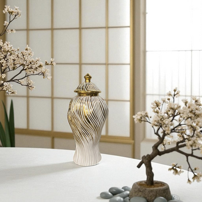Luxury Ceramic Candy Jar White And Golden Wavse