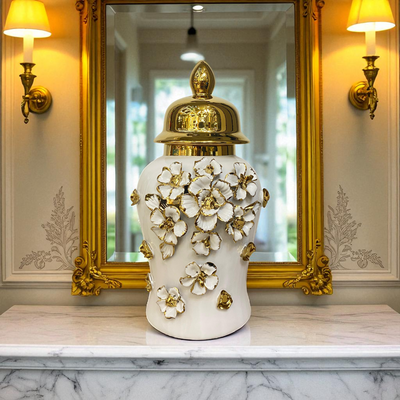 Floral Elegance White-Gold Porcelain Urns