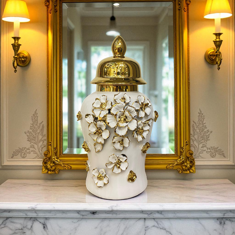 Floral Elegance White-Gold Porcelain Urns