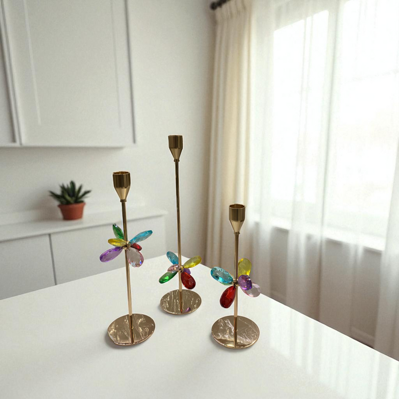 Luxury Gold Metallic & Crystal Candle Stand Set – 3 Pieces