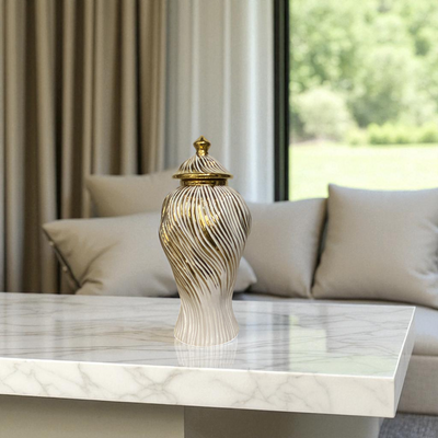 Luxury Ceramic Candy Jar White And Golden Wavse