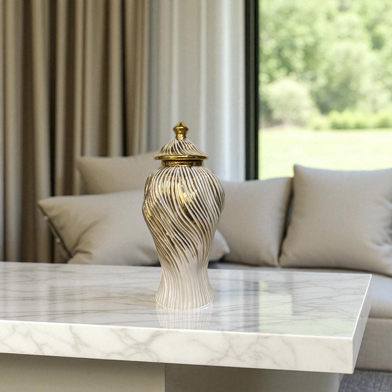 Luxury Ceramic Candy Jar White And Golden Wavse