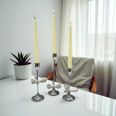 Luxury Silver Metallic & Crystal Candle Stand Set – 3 Pieces