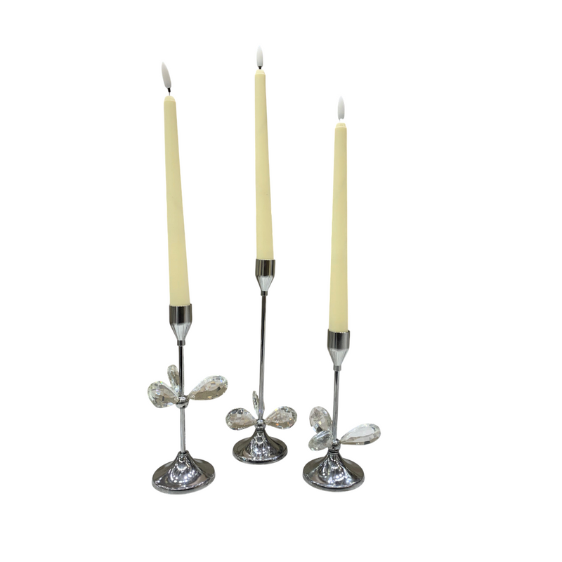 Luxury Silver Metallic & Crystal Candle Stand Set – 3 Pieces