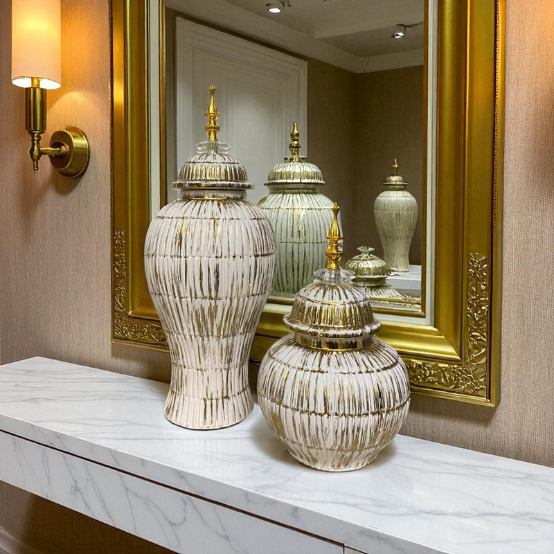 Antique White-Gold Drip Glazed Ceramic Candy Jars