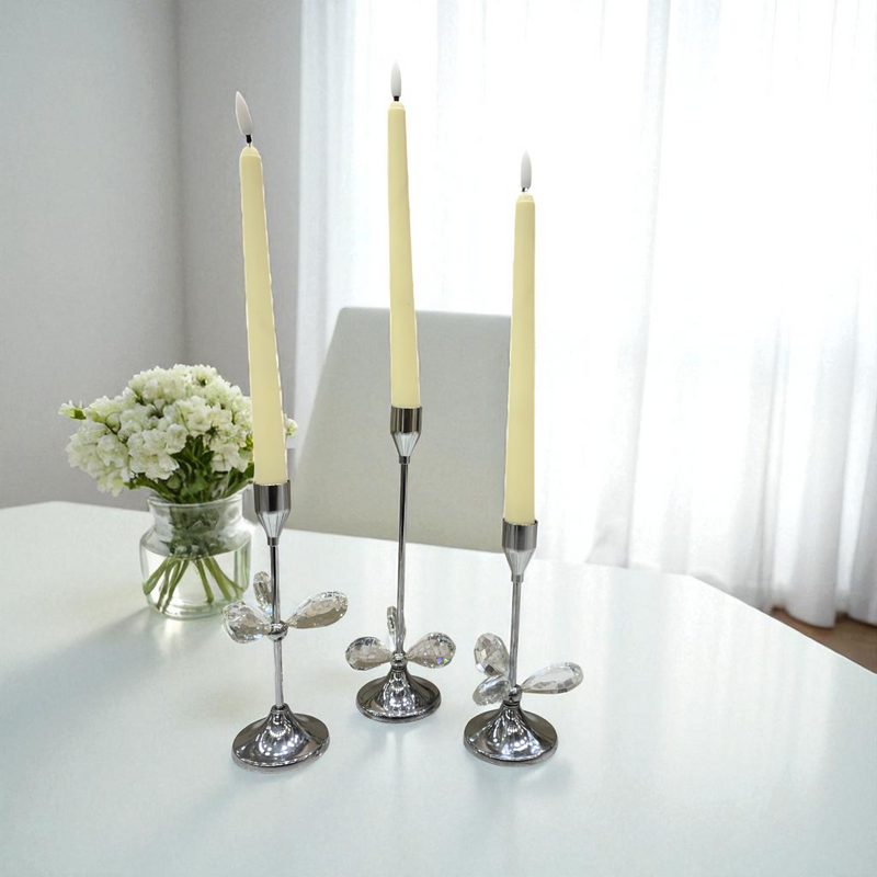 Luxury Silver Metallic & Crystal Candle Stand Set – 3 Pieces