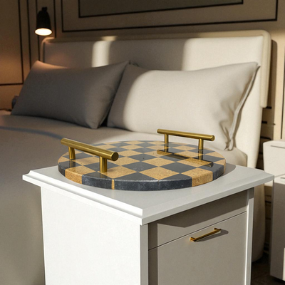 Round Checkered Marble Tray with Brass Handles