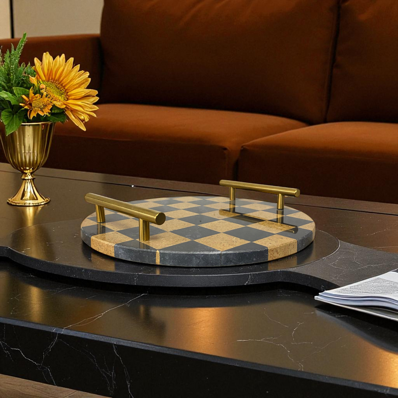 Round Checkered Marble Tray with Brass Handles