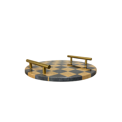 Round Checkered Marble Tray with Brass Handles