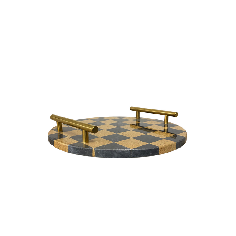 Round Checkered Marble Tray with Brass Handles