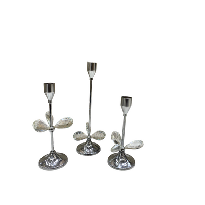 Luxury Silver Metallic & Crystal Candle Stand Set – 3 Pieces
