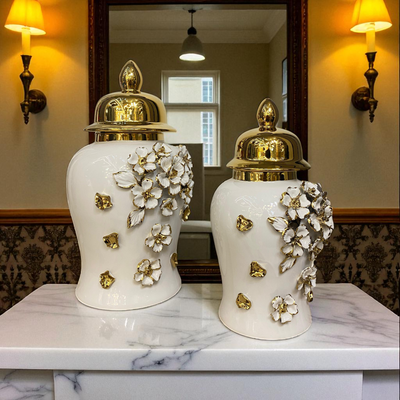 Floral Elegance White-Gold Porcelain Urns