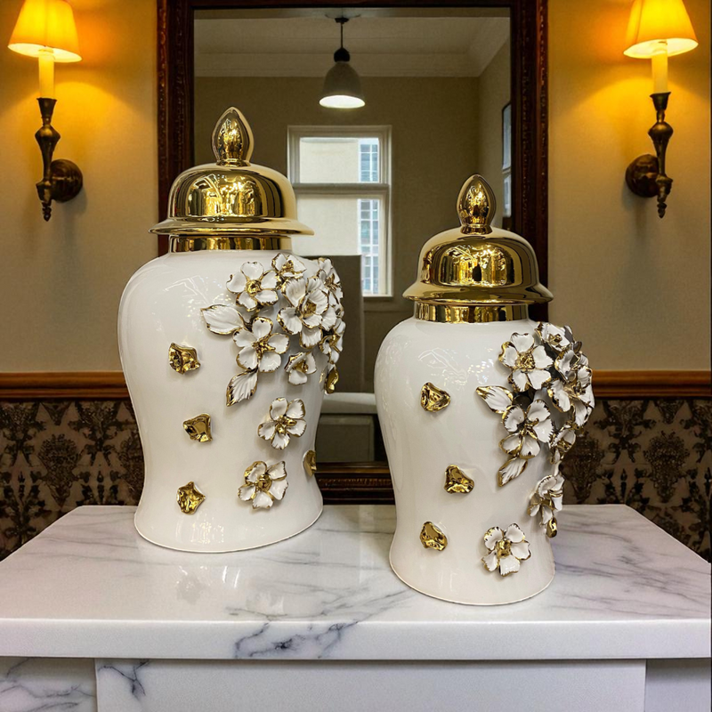 Floral Elegance White-Gold Porcelain Urns